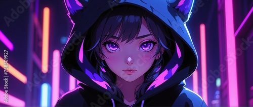 close up of a anime girl with purple eyes and hoodie photo