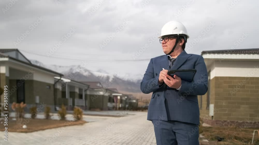 Realtor inspects houses and make notes using a tablet, standing on street man auditor in suit and white helmet looking at cottage village. Realtor inspects houses and make notes using a tablet, standing on street man auditor in suit and white helmet looking at cottage village.