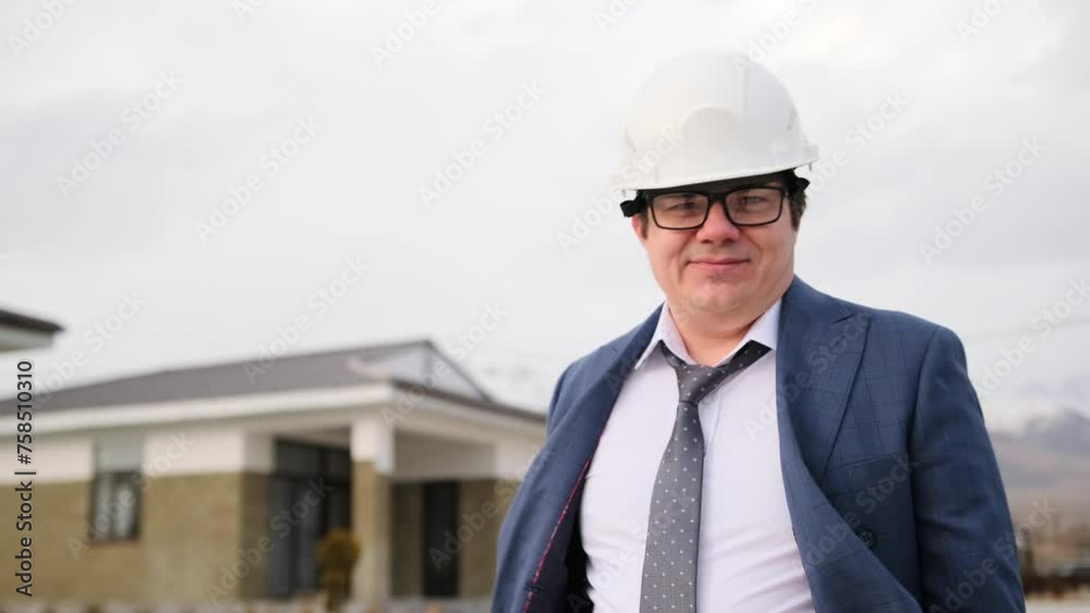 Cheerful businessman in protective white helmet shows thumbs up, satisfied with result of the construction work of a new cottage village in suburbs. Cheerful businessman in protective white helmet shows thumbs up, satisfied with result of the construction work of a new cottage village in suburbs.
