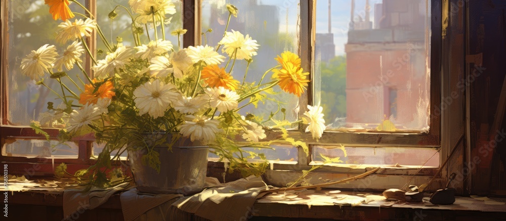 A beautiful flower vase adorns the window sill, adding a touch of nature to the urban landscape of the city building