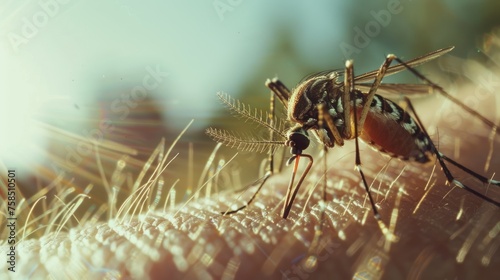 Illustration Close shot a mosquito sitting on human body with blurry backdrop. Ai generated.