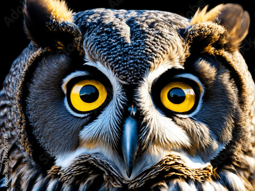 Close up round yellow eyes of owl looking away at dark night.