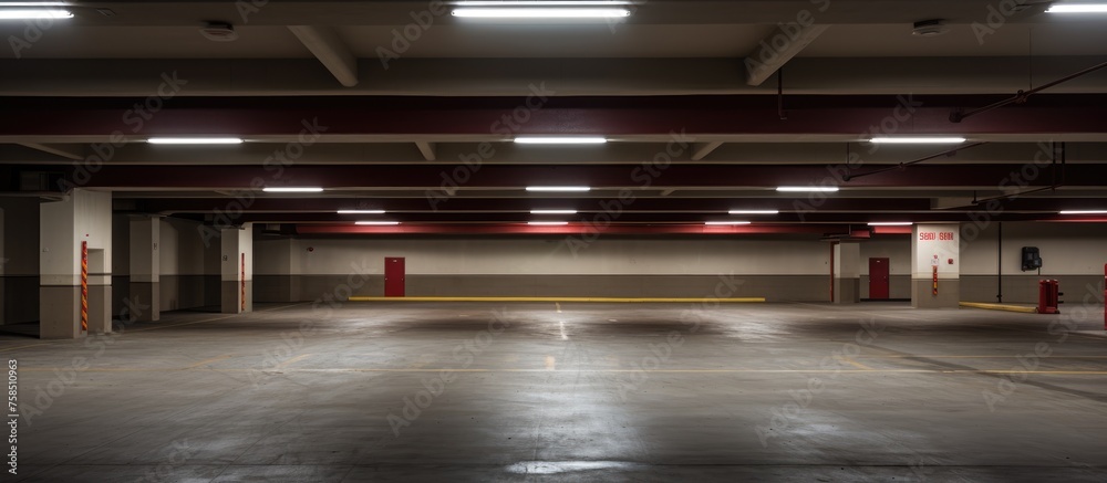 Fototapeta premium Empty parking garage with overhead lighting and a hanging exit signal.