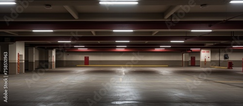 Empty parking garage with overhead lighting and a hanging exit signal.