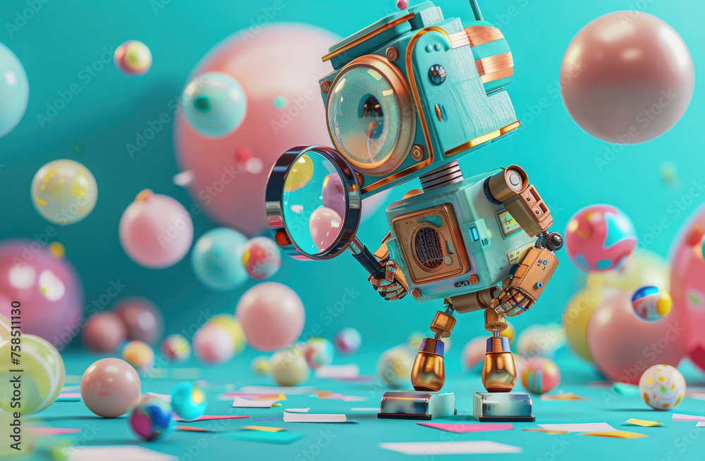 A cute robot is searching for something with a magnifying glass, surrounded by various paper cards and colorful balls on a blue background