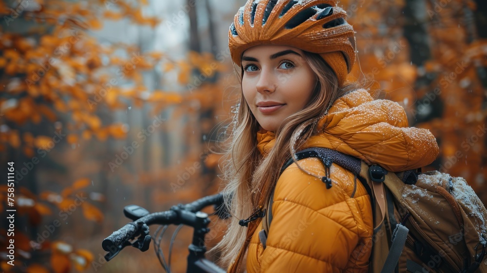 active lifestyle.A cyclist in equipment with a backpack takes a selfie in the autumn forest active lifestyle.A cyclist in equipment with a backpack takes a selfie in the autumn forest