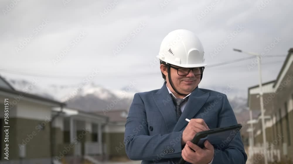 Glad businessman builder in helmet using digital table at street make notes standing on the street near new buildings, looking at camera. Mid shot. Glad businessman builder in helmet using digital table at street make notes standing on the street near new buildings, looking at camera. Mid shot.