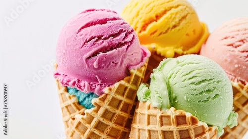 Set of sweet and delicious ice cream in a waffle cone on a white background.Ai generated