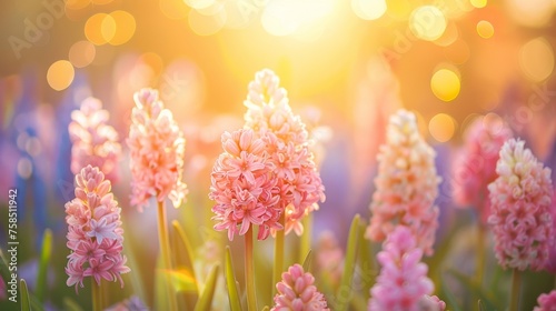 Golden Sunrise Hyacinth Bliss; a Field of Hyacinth at Sunrise. Generative AI. 