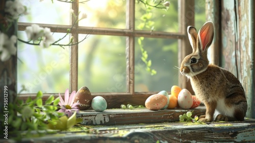 Illustration Easter Bunny and Easter eggs on wooden windowsill.Ai generated