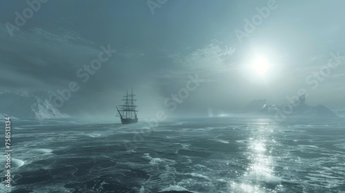 The icy waters seem vast and endless making the ship appear small and insignificant in comparison.