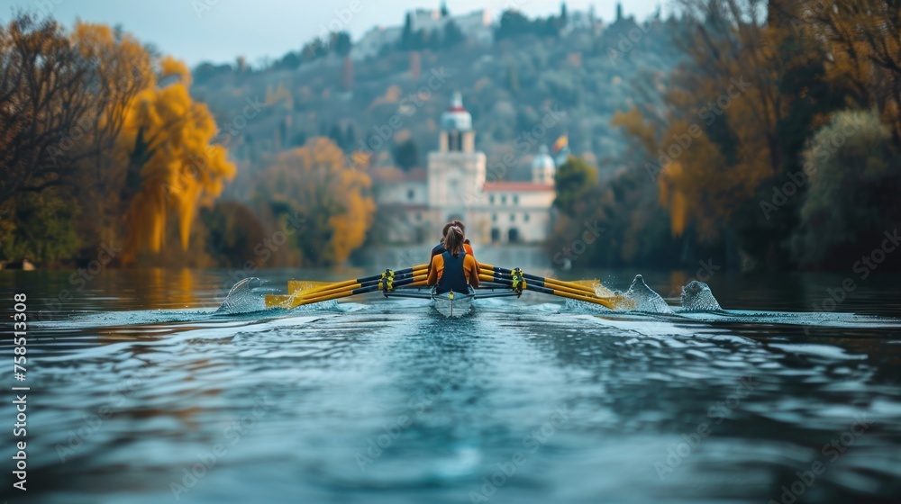 Women's rowing team on blue water - obrazy, fototapety, plakaty 