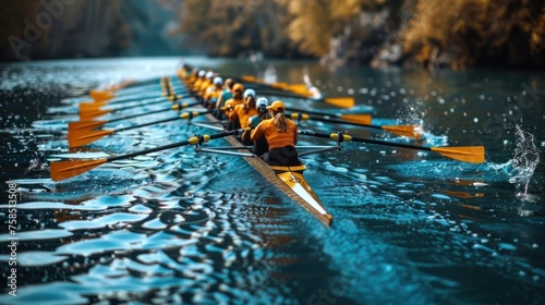 Women's rowing team on blue water photo