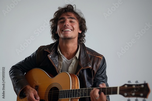 Joyful man playing guitar, brown leather jacket, white background, Concept of music enjoyment and artistic expression