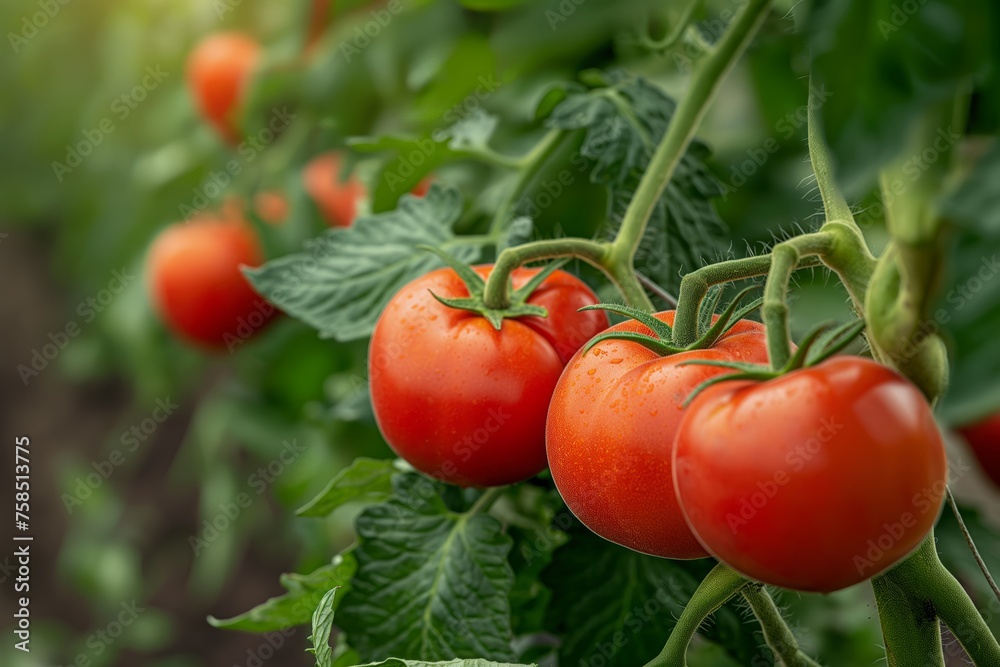 Ripe tomatoes on a vine with dew drops in sunlight, concept of organic farming and fresh produce