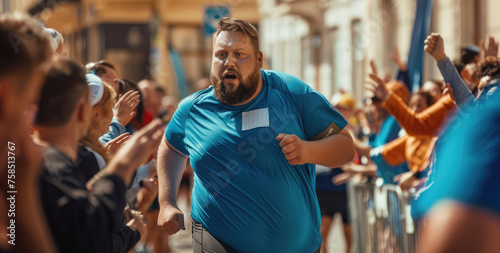 Exaggeratedly fat man running in a blue t-shirt, front view closeup of his face with a wide open mouth, full body photo, surrounded by other runners