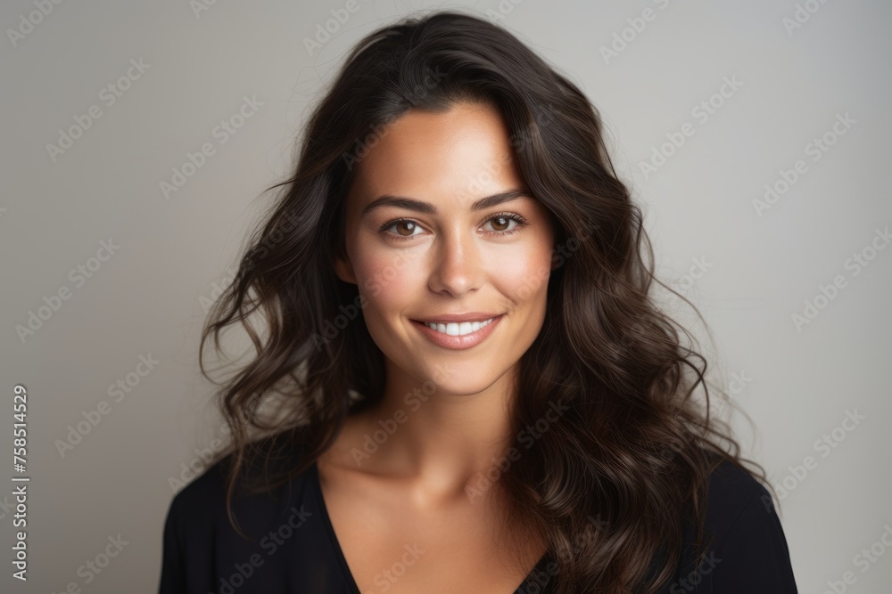 Portrait of a beautiful young woman with long curly hair smiling at the camera Portrait of a beautiful young woman with long curly hair smiling at the camera