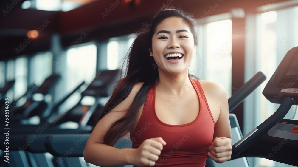 Fototapeta premium Beautiful plus size Asian girl doing fitness, jogging in the gym