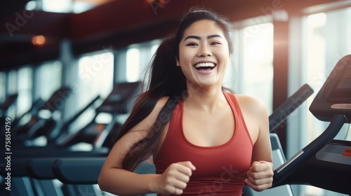 Beautiful plus size Asian girl doing fitness, jogging in the gym