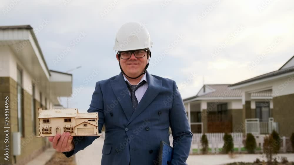 Caucasian positive male agent in white helmet demonstrating model home, standing on street of new cottage. Buying real estate. Caucasian positive male agent in white helmet demonstrating model home, standing on street of new cottage. Buying real estate.