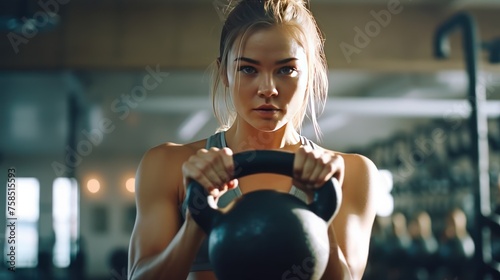 Young fitness female exercise with kettle bell. Mixed race woman doing crossfit workout on grey background. photo