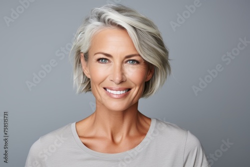 Portrait of a beautiful middle aged woman with blond hair, over grey background