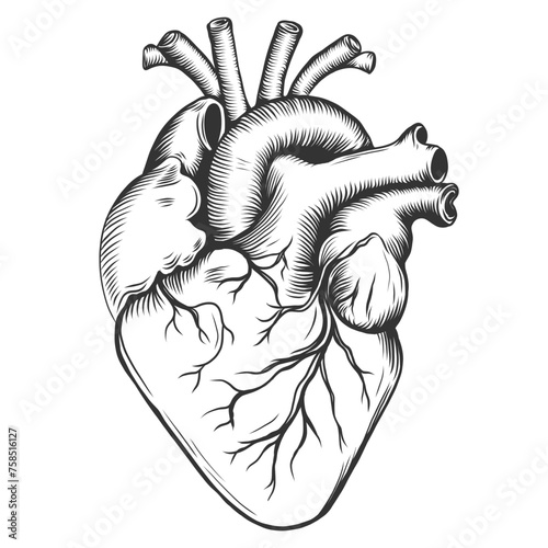 Hand drawn Human heart anatomically correct. line art. Flash tattoo or print design vector illustration isolated on white background. Black and white monochrome vintage drawing of heart