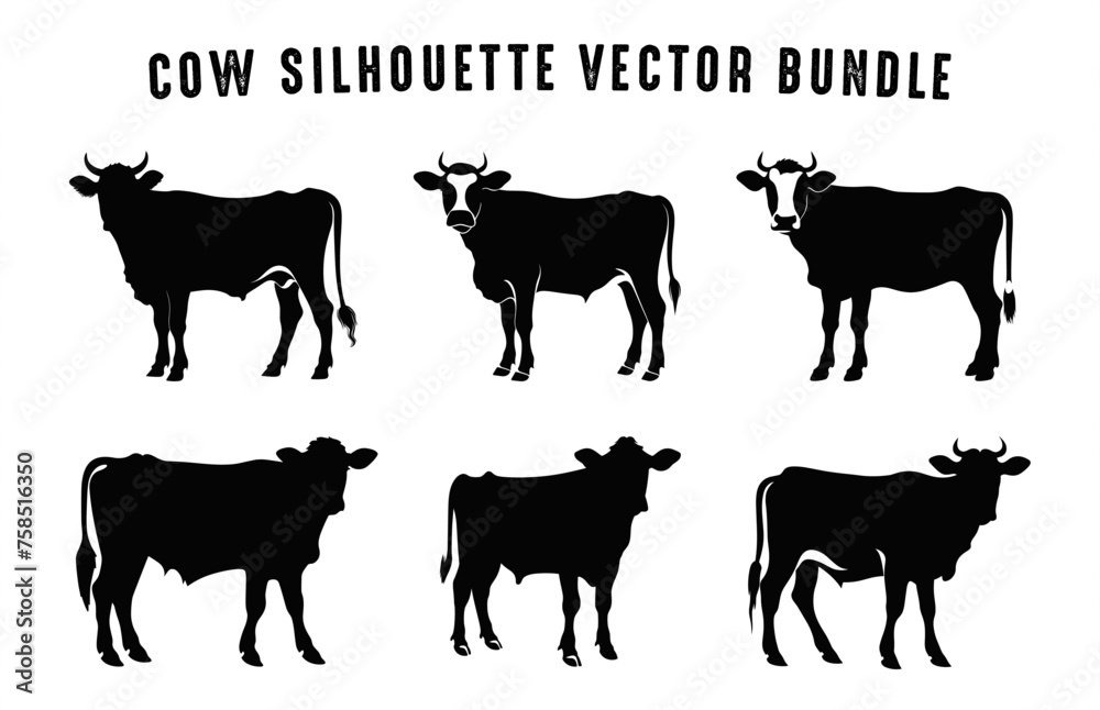 Cow Silhouette black Vector Set, Cows Silhouettes Clipart Bundle