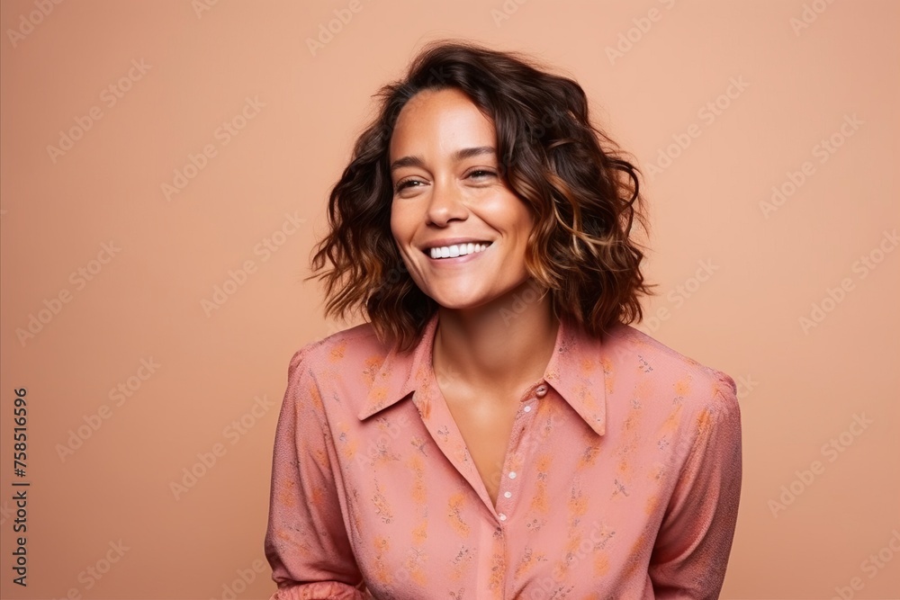 Portrait of a beautiful young woman smiling on a beige background Portrait of a beautiful young woman smiling on a beige background