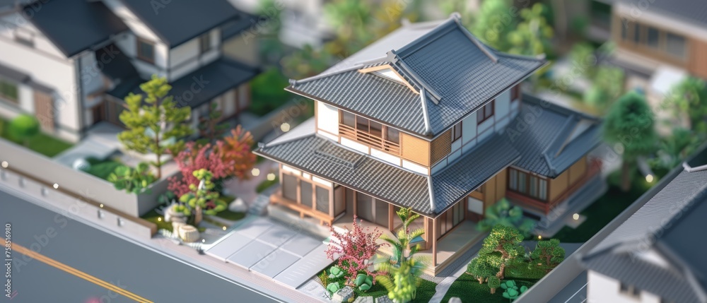 Isometric 3D CAD rendered Japanese house with traditional elements and landscaping