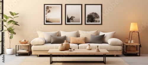 Modern living room interior with mock up poster frames, beige sofa, side table, and stylish personal items on metal shelf.