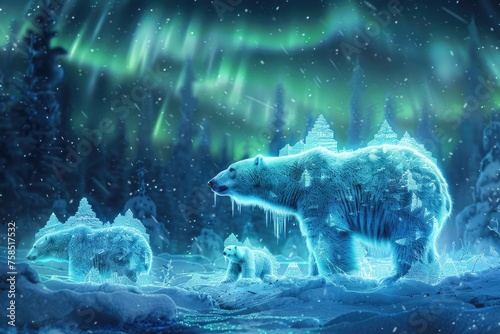A frosty Arctic landscape illuminated by the aurora borealis with polar bears made of ice crystals