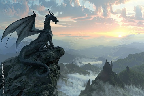 A mysterious dragon perched atop a rugged mountain overlooking a misty valley at dawn