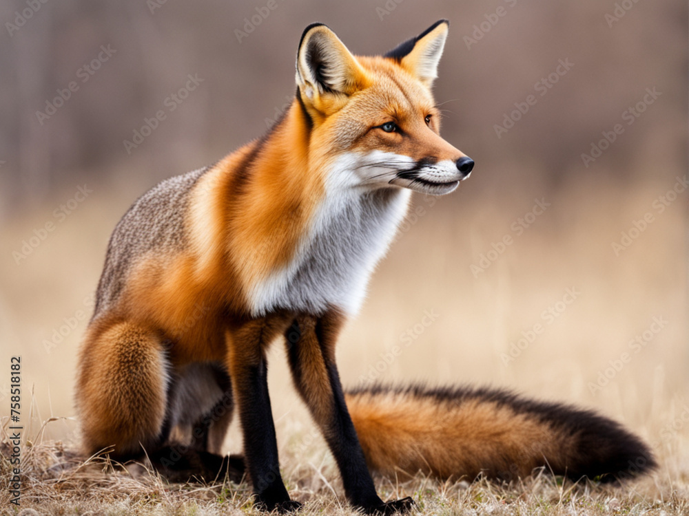 Brown fox is standing in the field.