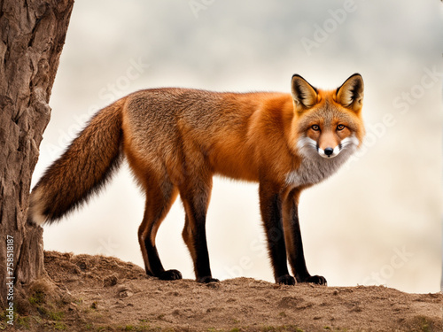 Brown fox is standing in the field.