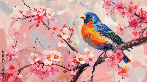 The bright blue and yellow bird perched gently among the branches of a beautiful pink flowering tree