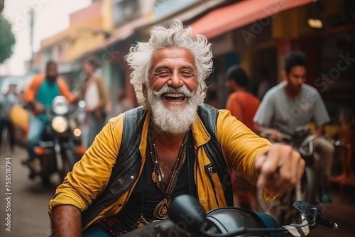 Handsome Indian man riding a motorbike on the street in India