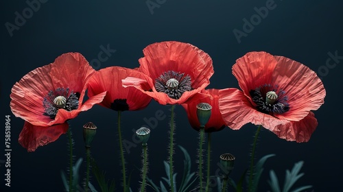 Red poppies on black background. Remembrance Day, Armistice Day symbol