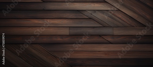 A detailed shot of a brown hardwood floor with a chevron pattern, showcasing the beauty of wood stain and tints and shades on each plank of lumber