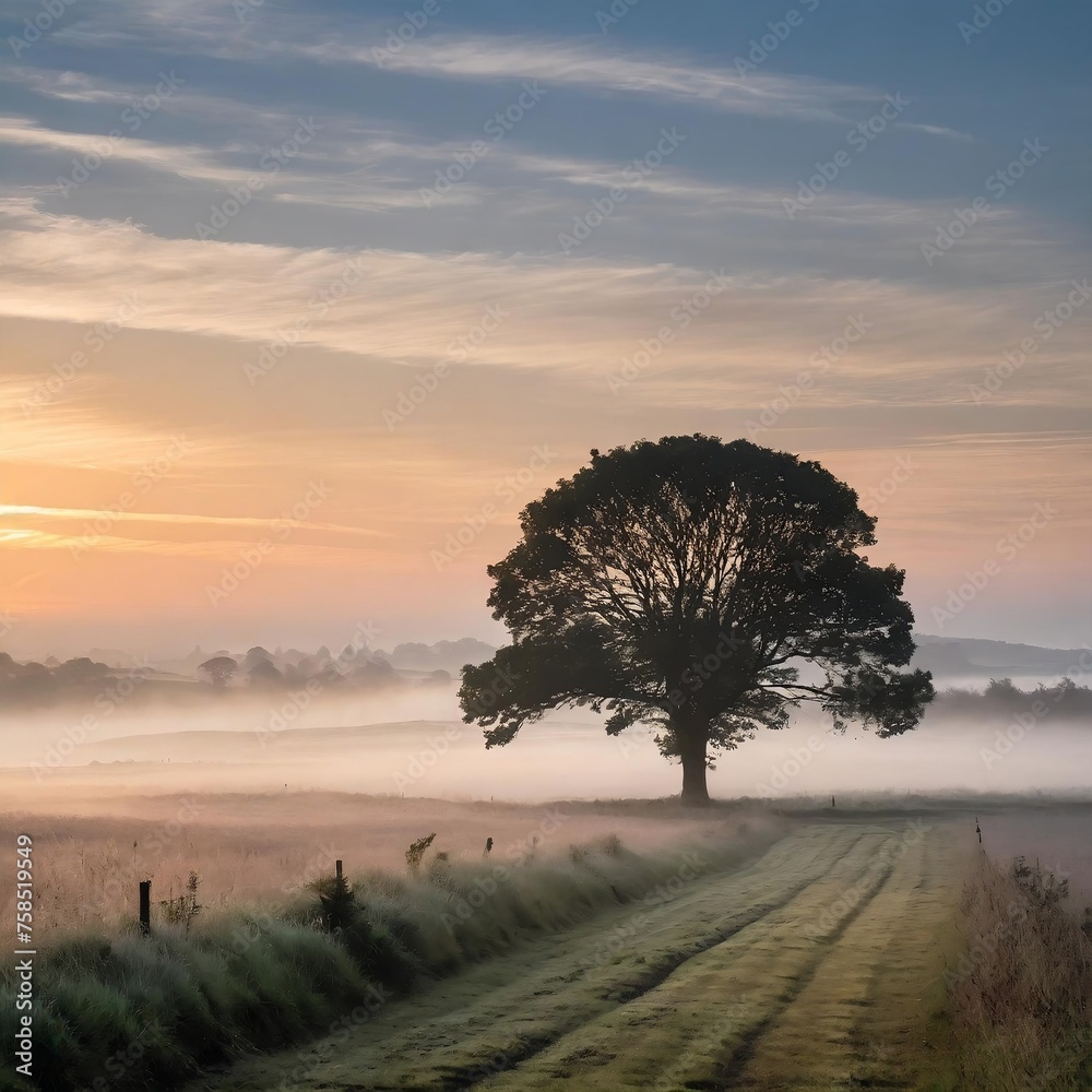 a tranquil early morning in the countryside, where a thin mist blankets the fields