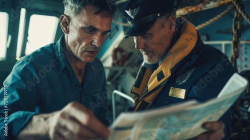 A captain and navigator confer over a nautical almanac with the captain pointing to a series of numbers while the navigator flips through pages. This vital publication contains photo