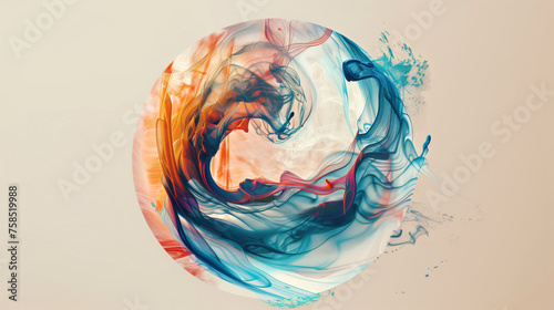 A circular abstract artwork with vivid swirls of blue and orange tones. Background, backdrop, wallpaper.