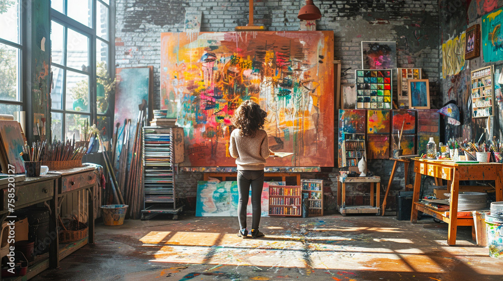 In a sun-drenched studio filled with an array of art supplies a focused child painter works on a canvas