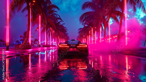 In a vibrant editorial capture a high-end car glides down a pier surrounded by neon-lit palm trees