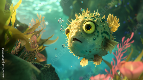 Cartoon puffer fish with wide eyes swims through a vibrant coral reef. Copy space.