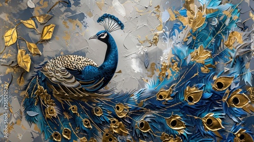 Illustration peacock, gold brush strokes, retro, nostalgic, textured background. Oil on canvas. Modern art. Ai Generated
