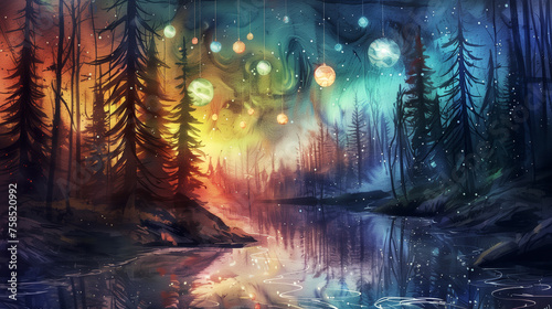 A painting of a forest with a river and a sky full of stars © CtrlN