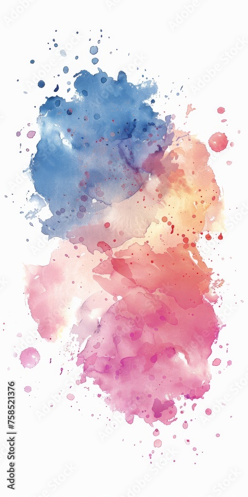 Watercolor fusion of soft pinks and bold blues, with orange warmth, splattered artistically over a white space.