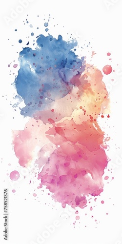 Watercolor fusion of soft pinks and bold blues, with orange warmth, splattered artistically over a white space.