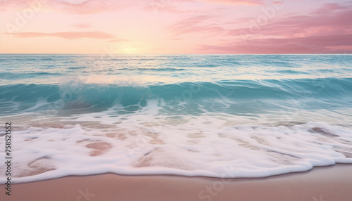 Calm and paradisiacal Caribbean beach during sunset. Sunny sea shore with foamy water and waves. Beautiful and serene beach in soft pastel pink and turquoise tones. Summertime and vacation concept. photo